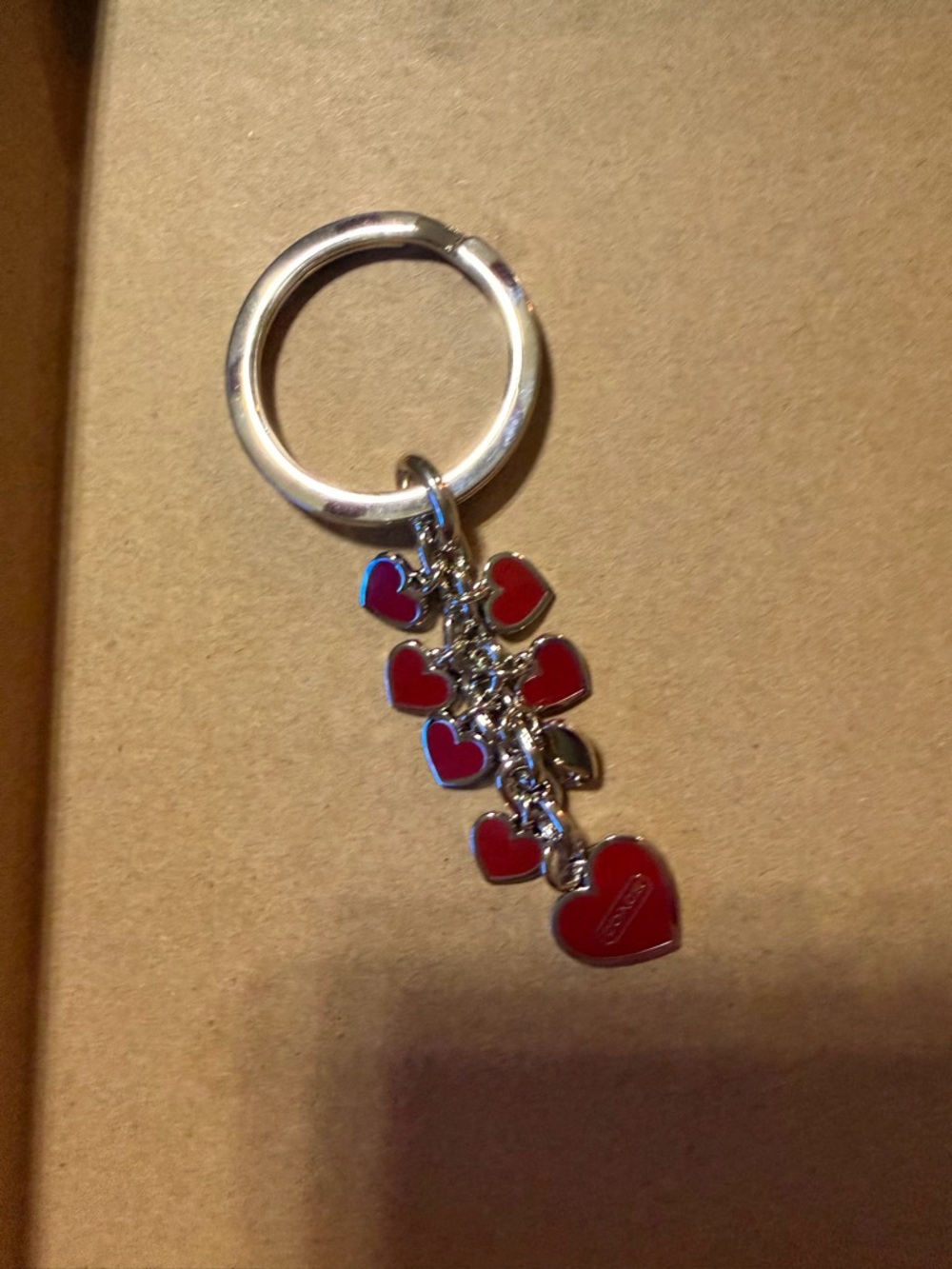 Coach Silver-Tone Keyring with Red Enamel Heart Charms